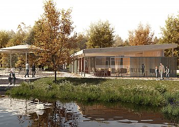 Wiehlaue im Wiehlpark mit Seecafé, Visualisierung Wiehlaue im Wiehlpark mit Seecafé, Visualisierung