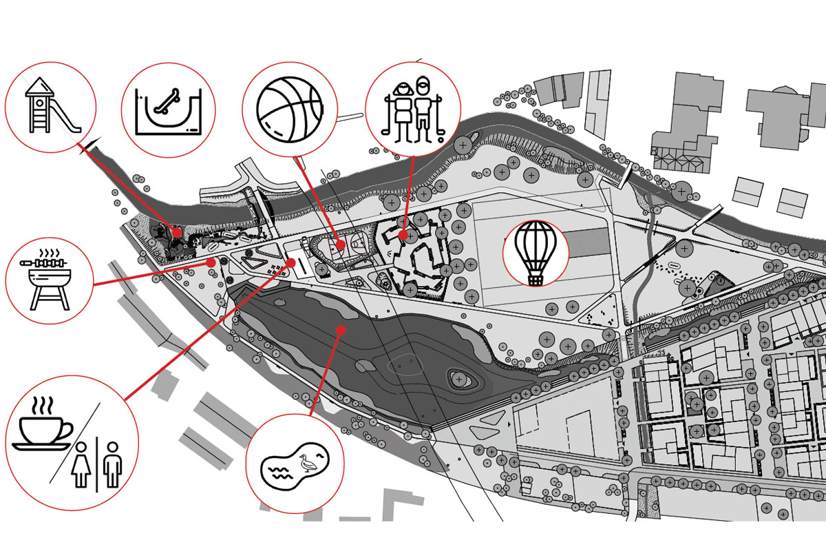 Der Übersichtsplan zeigt, welche Highlights sich künftig wo im Wiehlpark befinden werden. Grafik: Molestina Architekten