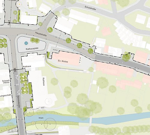Der Ausschnitt aus der Entwurfsplanung zeigt schematisch die künftige Gestaltung des Bereichs rund ums Rathaus. Grafik: Lex Kerfers Der Ausschnitt aus der Entwurfsplanung zeigt schematisch die künftige Gestaltung des Bereichs rund ums Rathaus. Grafik: Lex Kerfers