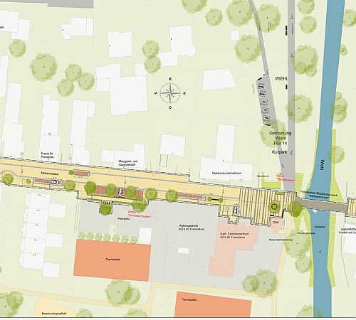 Der Gestaltungsplan zeigt die geplanten Maßnahmen in der Mühlenstraße im Überblick. Grafik: Klapp + Müller Der Gestaltungsplan zeigt die geplanten Maßnahmen in der Mühlenstraße im Überblick. Grafik: Klapp + Müller