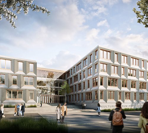 Als Idee im Rahmen des städtebaulichen Wettbewerbs entstanden: eine Visualisierung des Eingangsbereichs fürs Gymnasium. Grafik: pvma Als Idee im Rahmen des städtebaulichen Wettbewerbs entstanden: eine Visualisierung des Eingangsbereichs fürs Gymnasium. Grafik: pvma