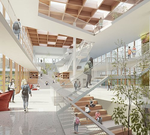 Viel Licht, offene Architektur: So diese Vorstellung fürs Innenleben des künftigen Gymnasiums, entstanden im Rahmen eines Wettbewerbs. Grafik: pvma Viel Licht, offene Architektur: So diese Vorstellung fürs Innenleben des künftigen Gymnasiums, entstanden im Rahmen eines Wettbewerbs. Grafik: pvma