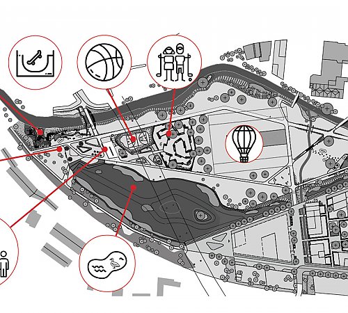Der Übersichtsplan zeigt, welche Highlights sich künftig wo im Wiehlpark befinden werden. Grafik: Molestina Architekten Der Übersichtsplan zeigt, welche Highlights sich künftig wo im Wiehlpark befinden werden. Grafik: Molestina Architekten