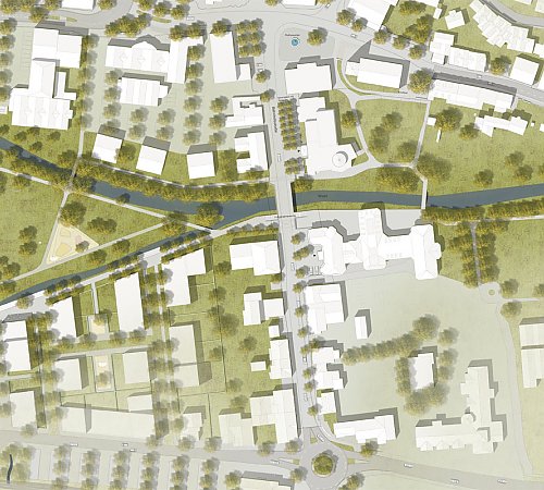Die Abbildung zeigt eine Gesamtübersicht der Bahnhofstraße aus dem Realisierungswettbewerb. Grafik: Lex Kerfers Landschaftsarchitekten Die Abbildung zeigt eine Gesamtübersicht der Bahnhofstraße aus dem Realisierungswettbewerb. Grafik: Lex Kerfers Landschaftsarchitekten