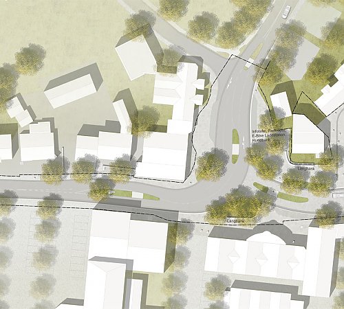 Die Abbildung stammt aus dem Realisierungswettbewerb Straßenräume und zeigt den Stadteingang West. Die Realisierung folgt nicht exakt dieser Darstellung. Grafik: Lex Kerfers Landschaftsarchitekten Die Abbildung stammt aus dem Realisierungswettbewerb Straßenräume und zeigt den Stadteingang West. Die Realisierung folgt nicht exakt dieser Darstellung. Grafik: Lex Kerfers Landschaftsarchitekten