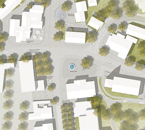 Der im Rahmen des Realisierungswettbewerbs entstandene Plan zeigt den Bereich rund ums Rathaus. Grafik: Lex Kerfers Landschaftsarchitekten Der im Rahmen des Realisierungswettbewerbs entstandene Plan zeigt den Bereich rund ums Rathaus. Grafik: Lex Kerfers Landschaftsarchitekten
