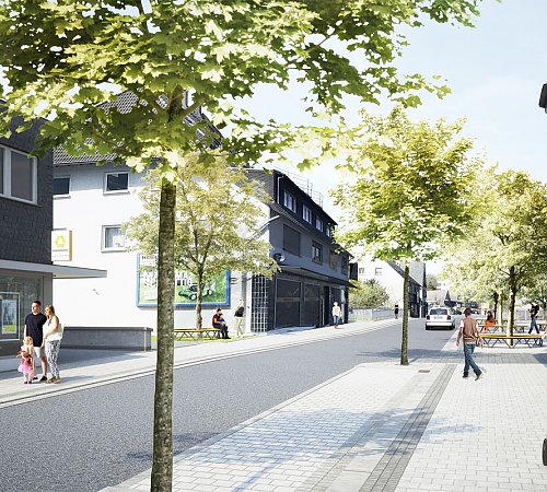 Die Visualisierung zeigt, wie eine Umgestaltung diesen Bereich der Bahnhofstraße verändern könnte. Grafik: Lex Kerfers Landschaftsarchitekten Die Visualisierung zeigt, wie eine Umgestaltung diesen Bereich der Bahnhofstraße verändern könnte. Grafik: Lex Kerfers Landschaftsarchitekten