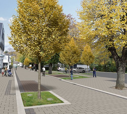 Die Visualisierung zeigt die Planung für die Mühlenstraße mit Blickrichtung Norden. Grafik: Klapp + Müller Die Visualisierung zeigt die Planung für die Mühlenstraße mit Blickrichtung Norden. Grafik: Klapp + Müller