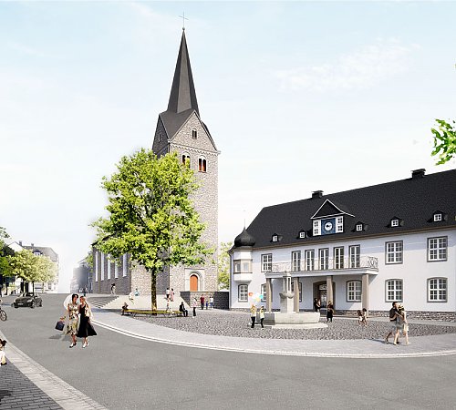  Hauptstraße und Rathausplatz der Zukunft: Die Visualisierung gibt einen Eindruck vom künftigen Erscheinungsbild des Bereichs. Grafik: Lex Kerfers Landschaftsarchitekten