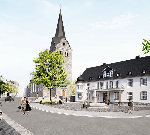 Hauptstraße und Rathausplatz der Zukunft: Die Visualisierung gibt einen Eindruck vom künftigen Erscheinungsbild des Bereichs. Grafik: Lex Kerfers Landschaftsarchitekten Hauptstraße und Rathausplatz der Zukunft: Die Visualisierung gibt einen Eindruck vom künftigen Erscheinungsbild des Bereichs. Grafik: Lex Kerfers Landschaftsarchitekten