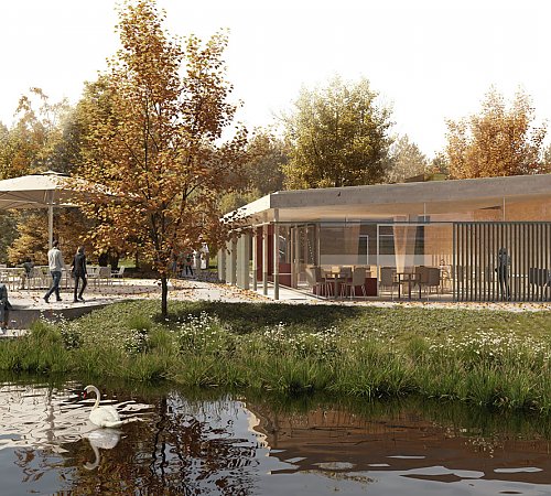 Die Visualisierung zeigt das geplante Seecafé im Wiehlpark - künftig zentrale Anlaufstelle für Parkbesucherinnen und -besucher. Grafik: Molestina Architekten Die Visualisierung zeigt das geplante Seecafé im Wiehlpark - künftig zentrale Anlaufstelle für Parkbesucherinnen und -besucher. Grafik: Molestina Architekten